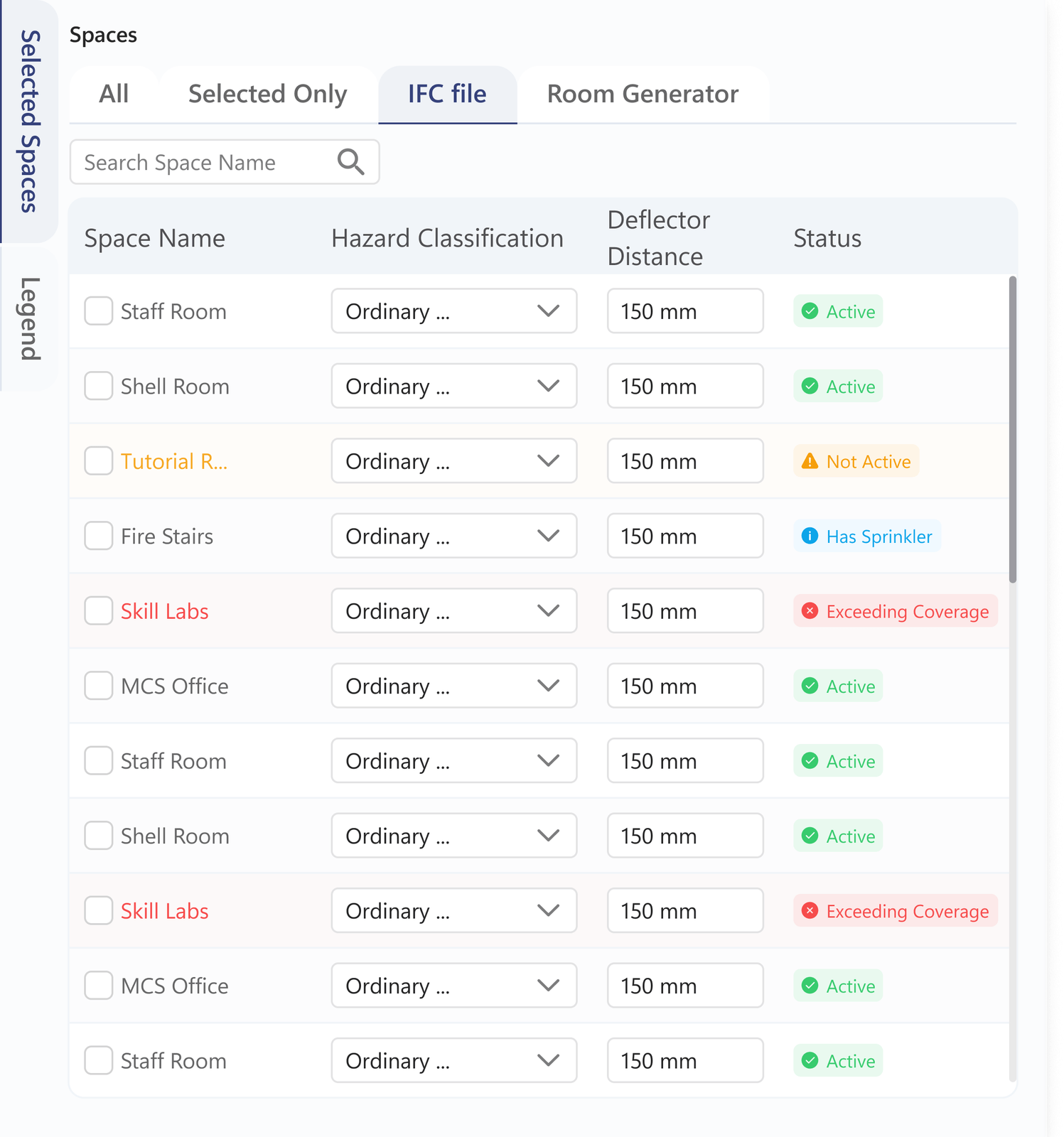 MicroBIM Fire space analysis panel